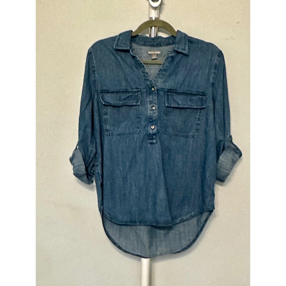 Falls Creek Womens M Denim Popover Shirt Dark Wash Lyocell Blend Roll Tab Sleeve
